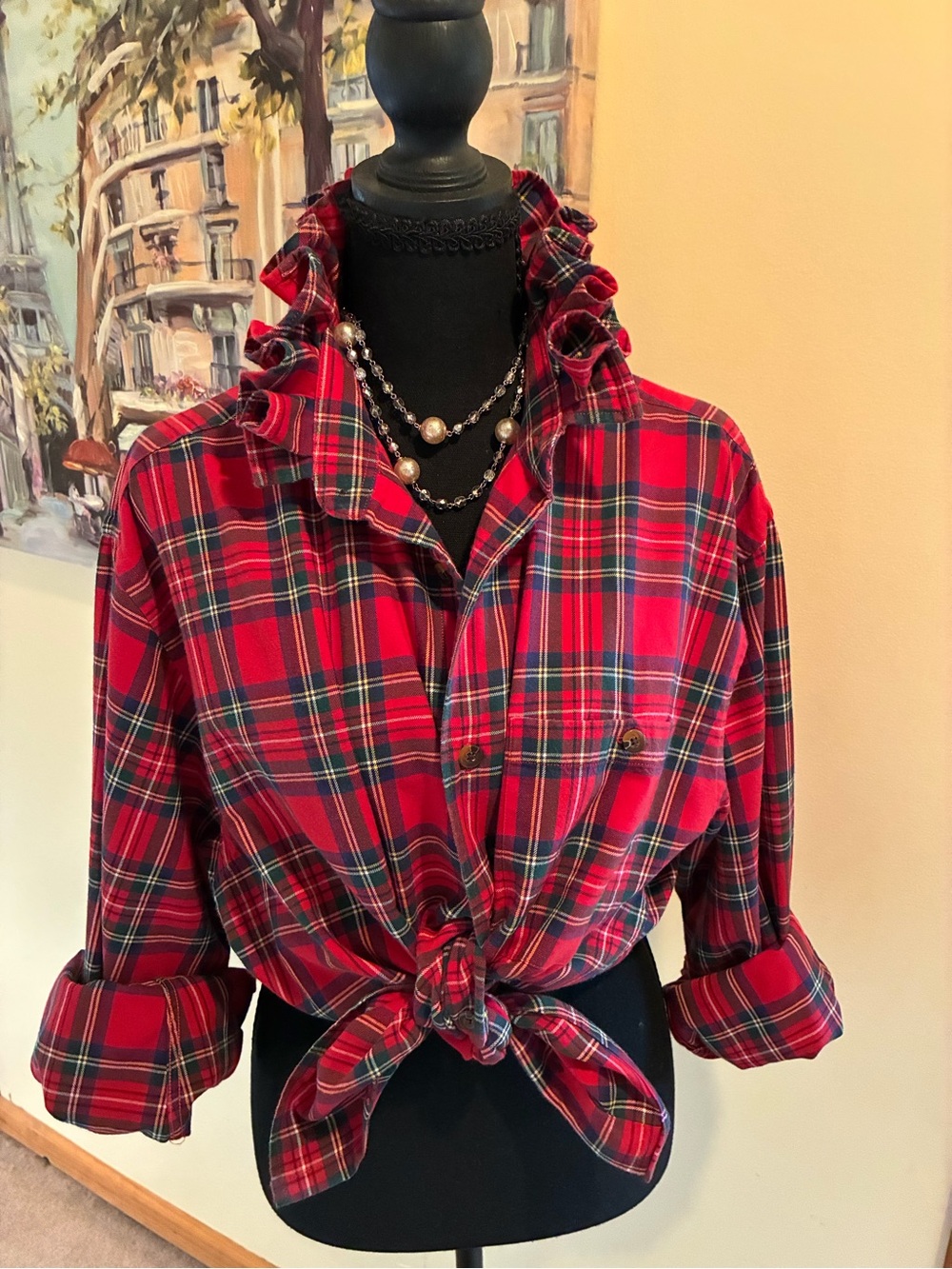 Orvis Red Plaid Ruffle Collar Button-Down Tie-Front Shirt